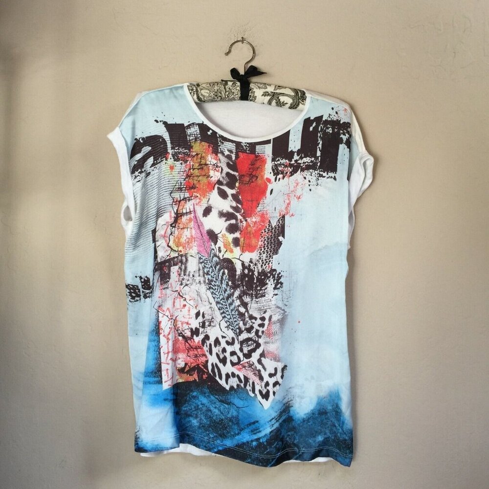 Christine LAURE Women's Round Neck Mixed Print Top T-Shirt Size 1 Cap Sleeve